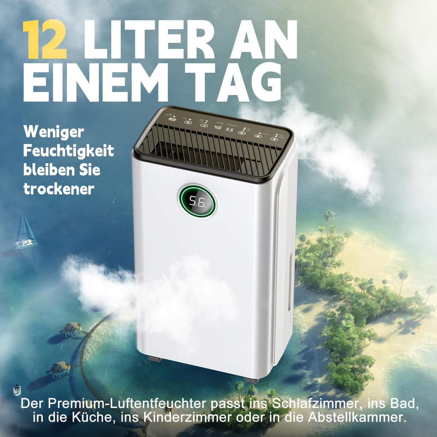 Luftentfeuchter 12L/Tag, Auto Entfeuchtung, 24H-Timer Ein/Aus, Kontinuierliche Entwässerung, Leistungsstarker Raum Luftentfeuchter mit LED Display und Steuerung, Gegen Feuchtigkeit
