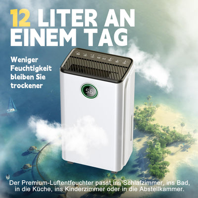 Luftentfeuchter 12L/Tag, Auto Entfeuchtung, 24H-Timer Ein/Aus, Kontinuierliche Entwässerung, Leistungsstarker Raum Luftentfeuchter mit LED Display und Steuerung, Gegen Feuchtigkeit
