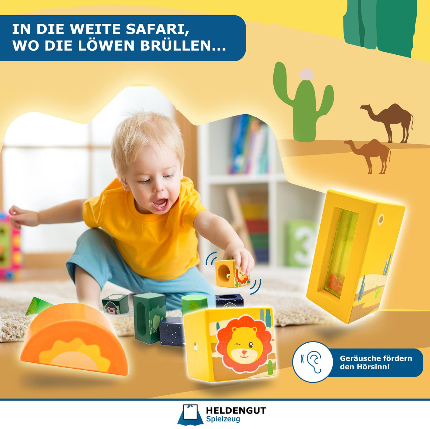 HELDENGUT® ‘Um-Die-Welt’ Klangbausteine für Babys - Baby Bausteine aus hochwertigem Bauklötze Holz - Pädagogisches Montessori Spielzeug Baby ab 1 Jahr für Mädchen & Junge