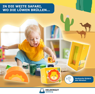 HELDENGUT® ‘Um-Die-Welt’ Klangbausteine für Babys - Baby Bausteine aus hochwertigem Bauklötze Holz - Pädagogisches Montessori Spielzeug Baby ab 1 Jahr für Mädchen & Junge