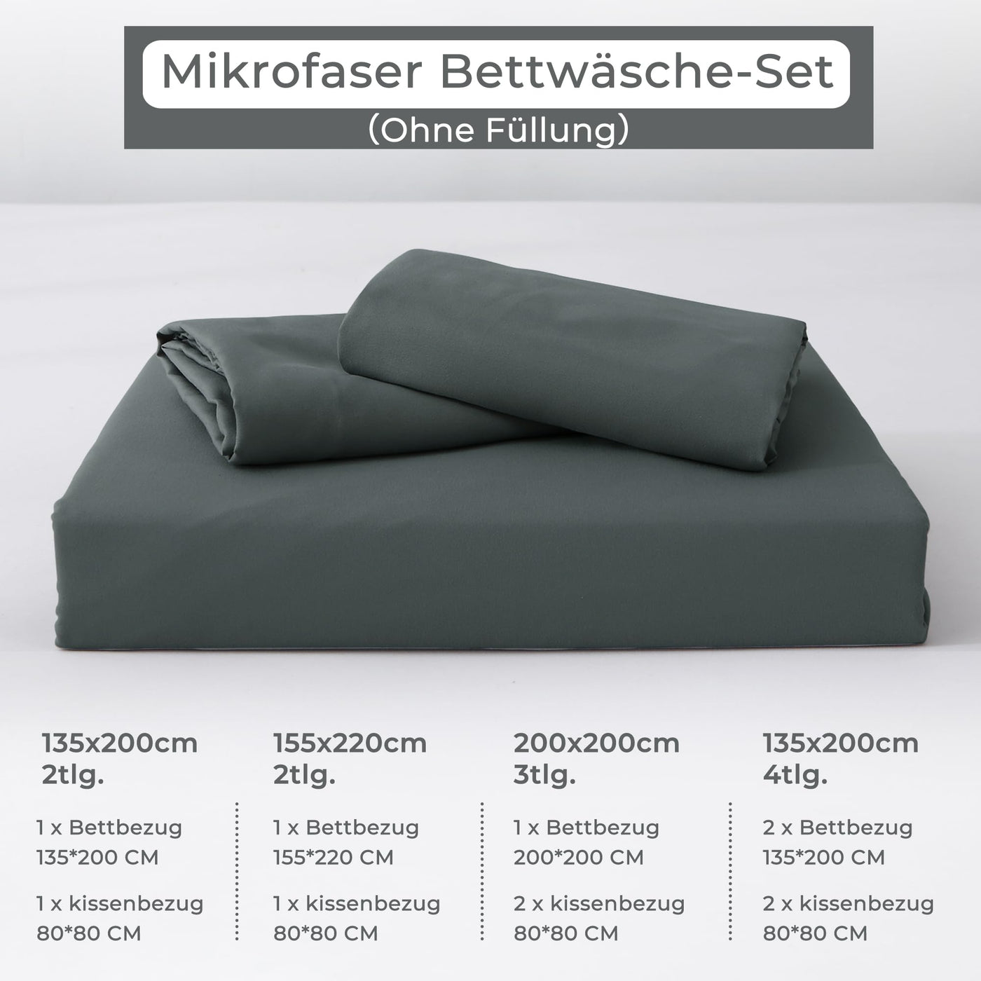 TOCOMOA Bettwäsche 155x220 2teilig Anthrazit, Bettwäsche-Sets Mikrofaser ÖKO-TEX Zertifiziert, Bettbezug und Kissenbezug 80x80cm mit Reißverschluss Weich und Bügelfrei