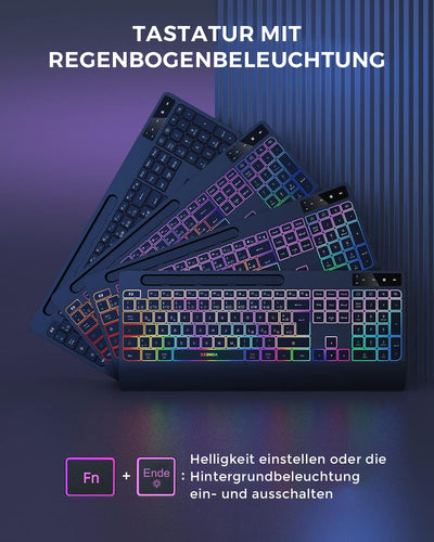 seenda Tastatur Maus Set kabellos beleuchtet, wiederaufladbare USB & Typ C Funktastatur mit Maus mit Handyhalter und Handballenauflage für PC/Windows/Mac, leise Klicken & QWERTZ Layout, Schwarz