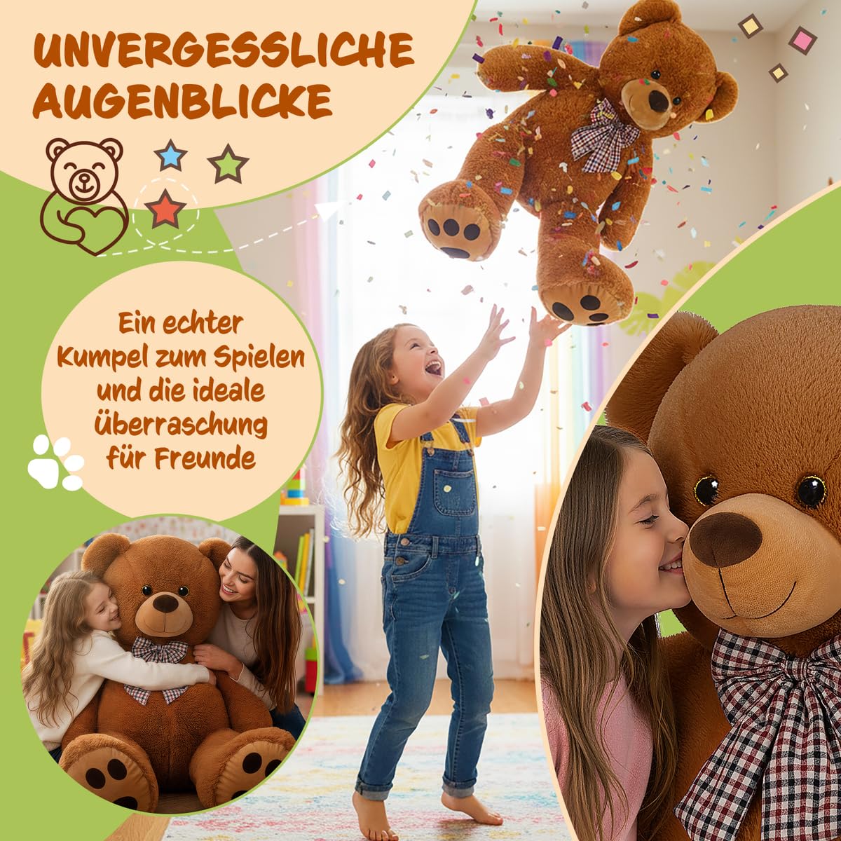 monzana® Teddybär L - XXXL 50-175cm Weiches Fell Schleife Tatzendruck Geschenk Plüschtier Kuscheltier Stofftier Riesen Teddy Bär