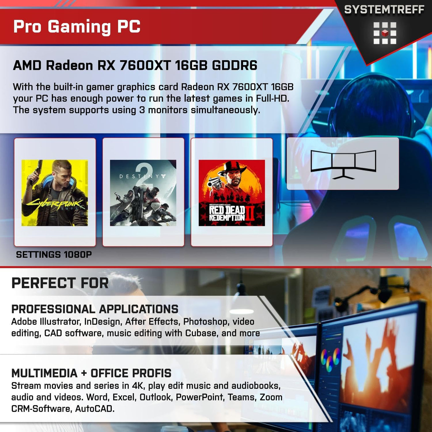 SYSTEMTREFF Gaming PC AMD Ryzen 9 5900X 12x4.8GHz | AMD Radeon RX 7600XT 16GB DX12 | 1TB M.2 NVMe | 32GB DDR4 RAM | WLAN Desktop Computer Rechner für Gamer, Zocker