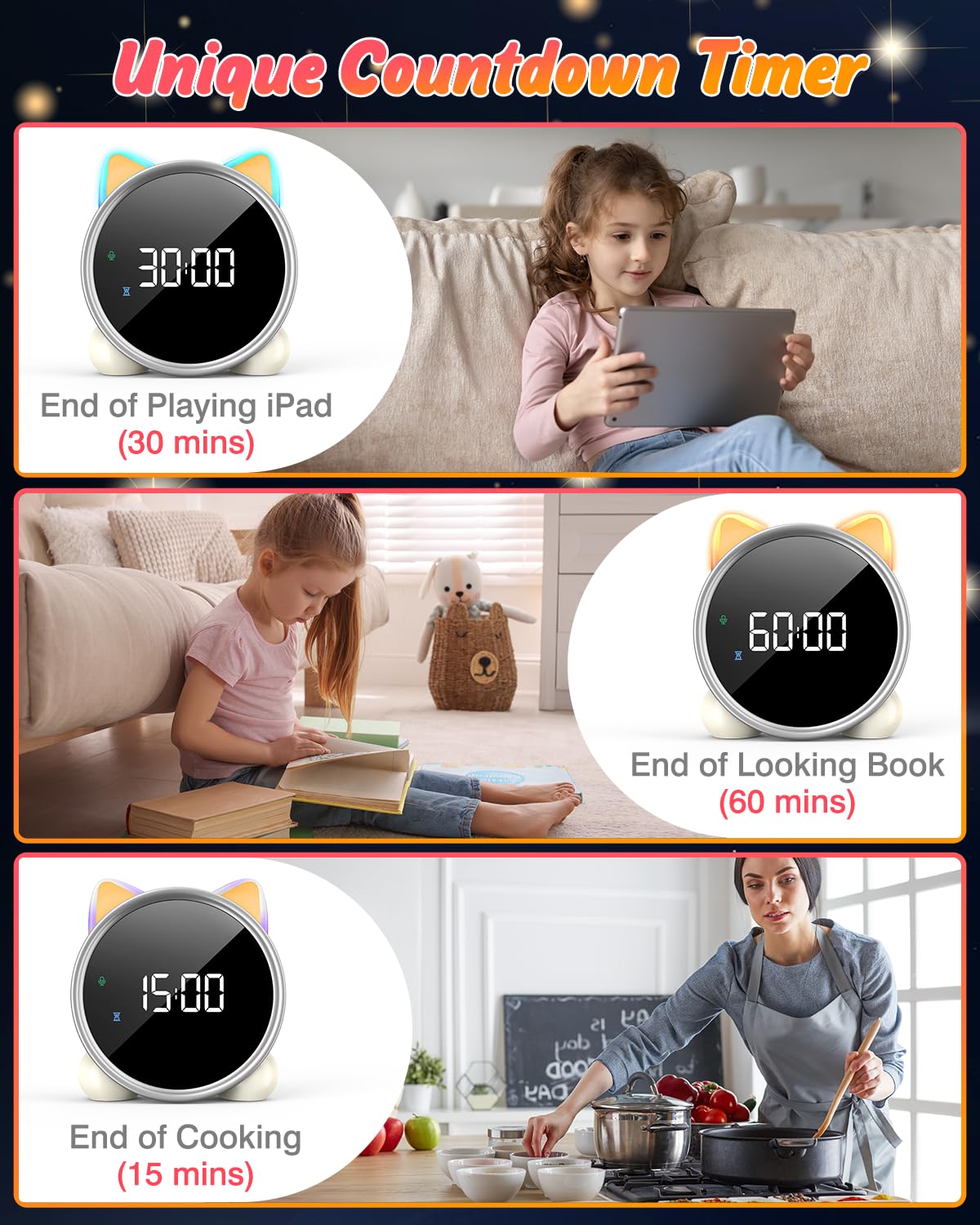 Lemnoi Kinderwecker Lichtwecker für Jungen und Mädchen, Batteriebetrieben Kinder Schlaftrainer mit Nachtlicht, Countdown, Snooze-Funktion, 3 Helligkeitsstufen und Buntem Licht, Lichtwecker für Kinder