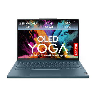 Lenovo Yoga 7 2-in-1 Convertible AI Laptop | 14" 2.8K WUXGA OLED Display | Intel Core Ultra 7 155H | 32GB RAM | 1TB SSD | Intel Arc Grafik | Windows 11 Home | QWERTZ | blau | 3 Monate Premium Care