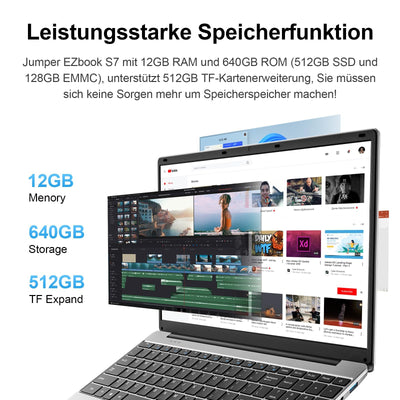jumper Laptop 15,6 Zoll FHD Display, 12 GB RAM 640 GB ROM, Office 365, Prozessor 5205U Notebook, Akku 38 Wh, Zwei Stereo-Lautsprecher, Typ-C, USB 3.0, Digitale Tastatur