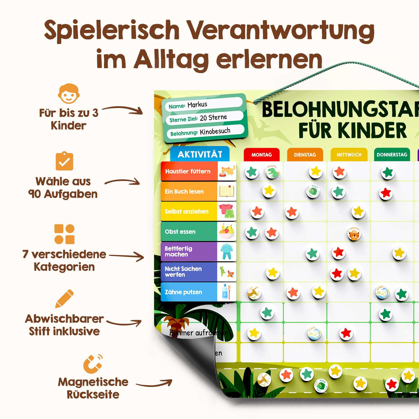 Belohnungstafel für Kinder - [100 Aufgaben + 350 Magnete] - Belohnungssystem für Verantwortung - Family Plan, Montessori Magnettafel, Wochenplaner, Adhs Hilfsmittel - inkl. Tasche, Stift (Dinosaurier)