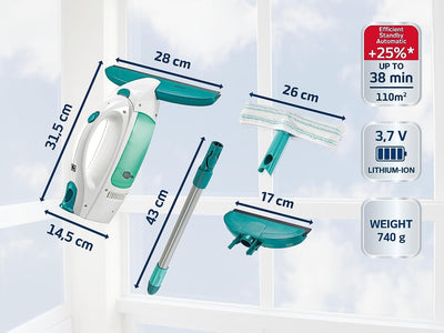 Leifheit Fenstersauger Set Dry & Clean mit Stiel & Einwascher und zweiter Düse für 360° streifenfreie Reinigung, verwendbar bis zu 38 min, Fensterreiniger mit Stand-by-Automatik und Click-System