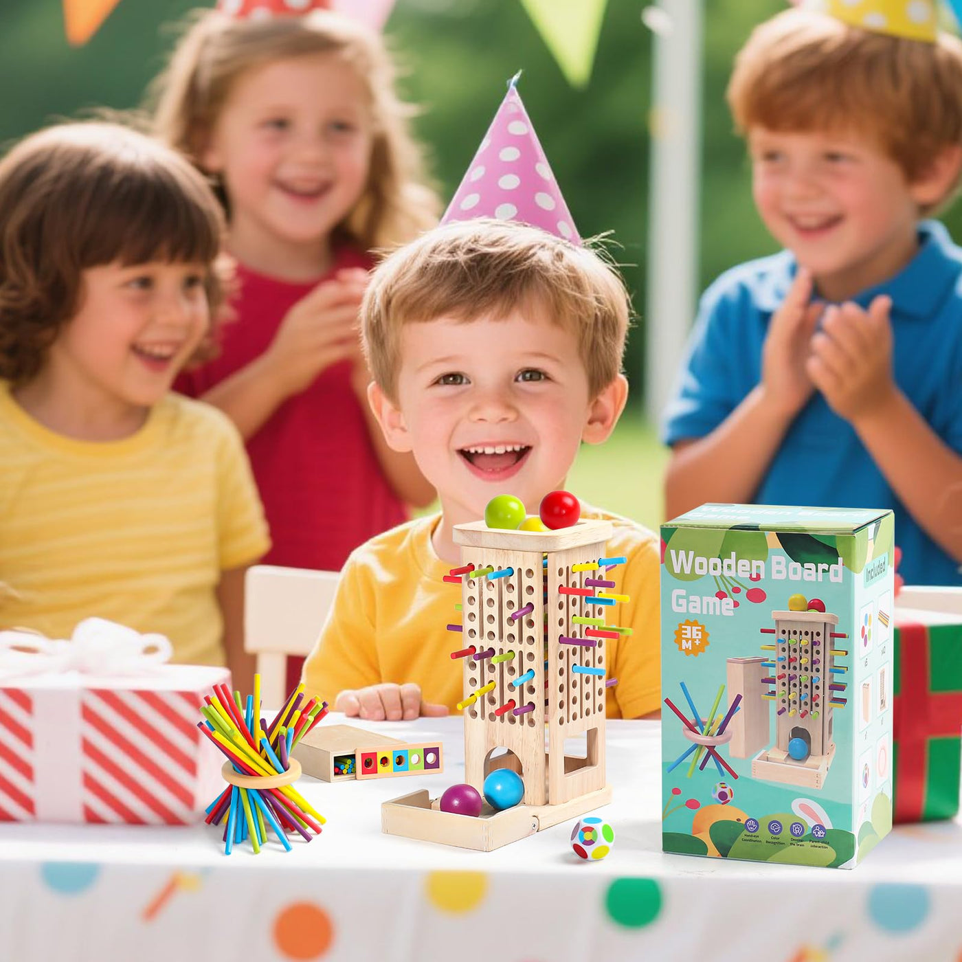 Akokie Montessori Spielzeug ab 3 Jahre Spiele ab 3 4 5 Jahren 3-IN-1 Brettspiele Lernspiele ab 4 Jahre mit 40 Holzstäbe, Aufbewahrungsbox Klassifizierung Farblernturm Kinderspiele Reisespiele Kinder