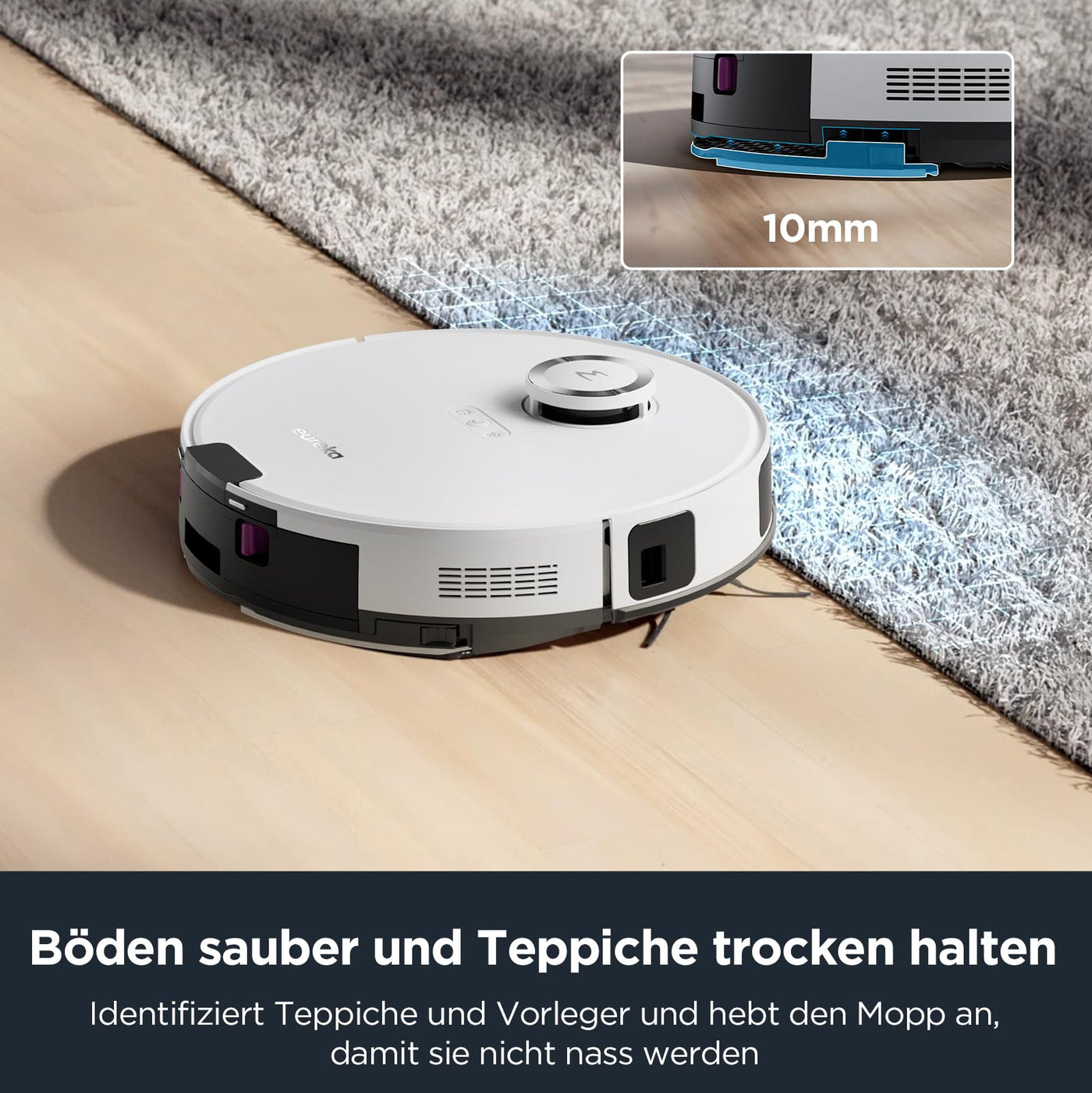 EUREKA E10s DE Saug- & Wischroboter + beutelloser Multi-Zyklon-Absaugstation (4000Pa, Auto Teppicherkennung & Auto Mop Lifting, LiDAR-Navigation, ideal gegen Tierhaare, App- & Sprachsteuerung) weiß