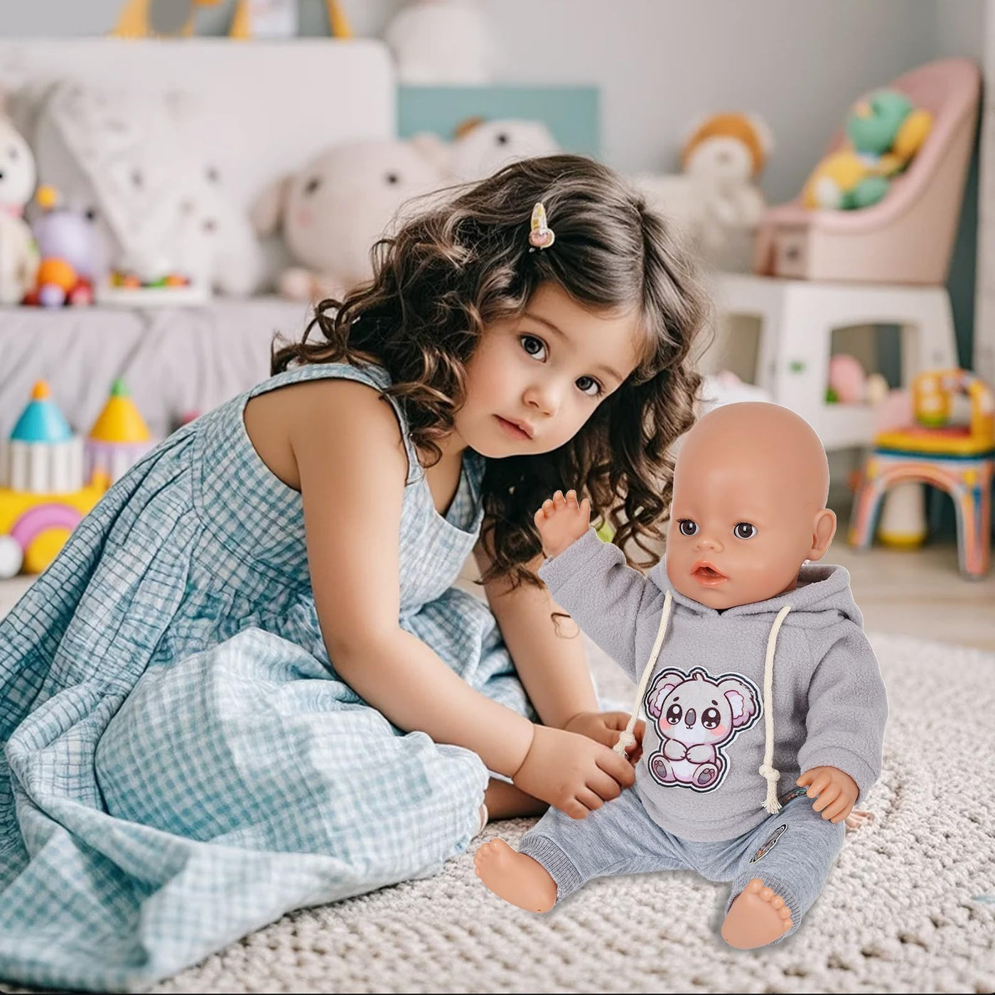 4 Stück Puppenkleidung für 14–18 Zoll große Babypuppen, 35-45cm Baby Puppen Outfits mit Koala, 43cm Süße PuppenKleidung Zubehör mit grau Koalahoodie + Hose + Socken + Kleiderbügel