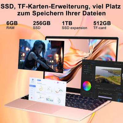 NOTODD 2025 Laptop 14 Zoll Win11 Celeron N4020 256GB SSD Unterstützung 1TB (TF 512GB) Full Metal Notebook 1080P 5G WiFi Mini HDMI & Kabellose Maus Tastaturfolie für Tastatur-Gold
