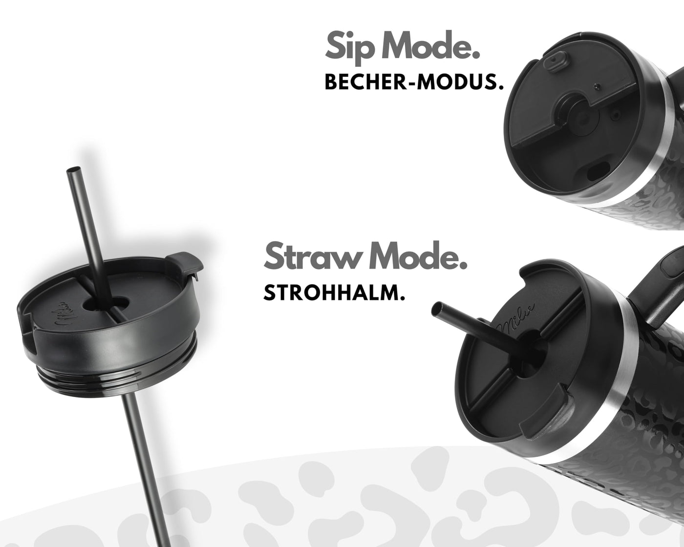 Milu Thermobecher 1,2L mit Strohhalm und Henkel 48h Eis/24h kalt/12h heiß Edelstahl Tumbler 40oz mit Griff - Isolierbecher to go Isolierflasche Trinkflasche doppelwandig isoliert (Black Leopard, 1,2L)