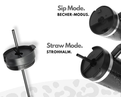 Milu Thermobecher 1,2L mit Strohhalm und Henkel 48h Eis/24h kalt/12h heiß Edelstahl Tumbler 40oz mit Griff - Isolierbecher to go Isolierflasche Trinkflasche doppelwandig isoliert (Black Leopard, 1,2L)