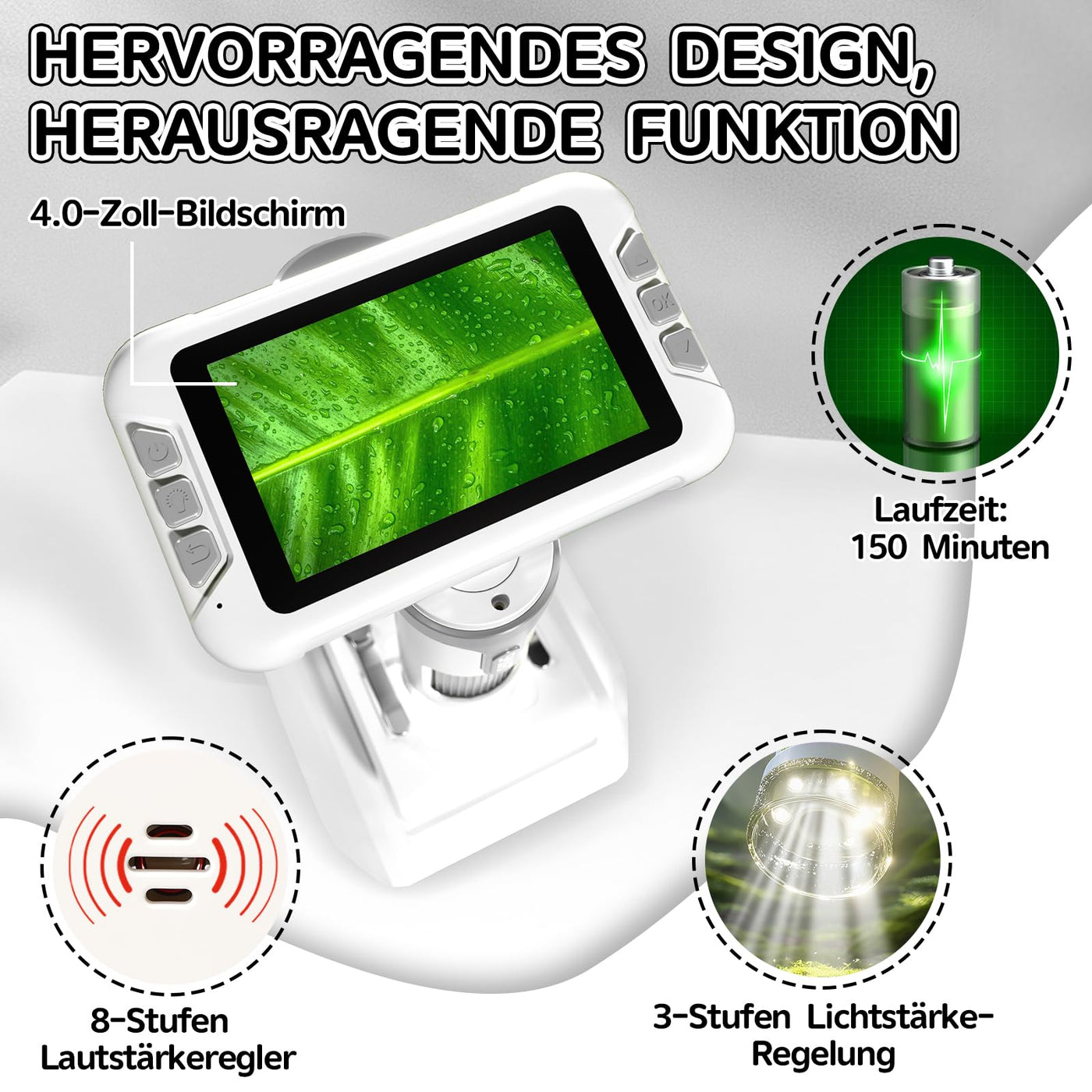 Charmofun Mikroskop für Kinder, Digitales Mikroskop mit 4 Zoll LCD-Display und 1600X Große Vergrößerung, Microscope for Kids mit 64GB Speicherkarte, Foto-und Videoaufnahme, Hand-und Stativfunktion