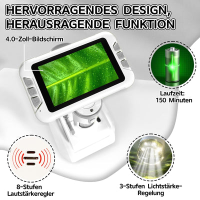 Charmofun Mikroskop für Kinder, Digitales Mikroskop mit 4 Zoll LCD-Display und 1600X Große Vergrößerung, Microscope for Kids mit 64GB Speicherkarte, Foto-und Videoaufnahme, Hand-und Stativfunktion