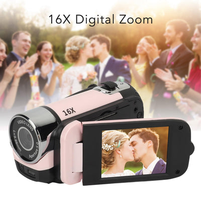 Videokamera-Camcorder, 1080P 16 MP Digitalkamera-Recorder, 2,4 Zoll Drehbarer Bildschirm, 16-facher Digitalzoom-Camcorder-Kamera mit Fülllicht (Rosa)