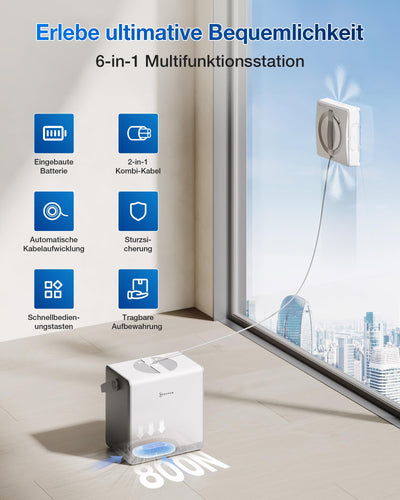 ECOVACS WINBOT W2 PRO Omni Fensterputzroboter mit 6-in-1 Multifunktionsstation, Aufladen im Betrieb, 3-Düsen-Sprühkopf, 12-Stufen-Schutz, Win-SLAM 4.0 Pfadplanung, Weiß