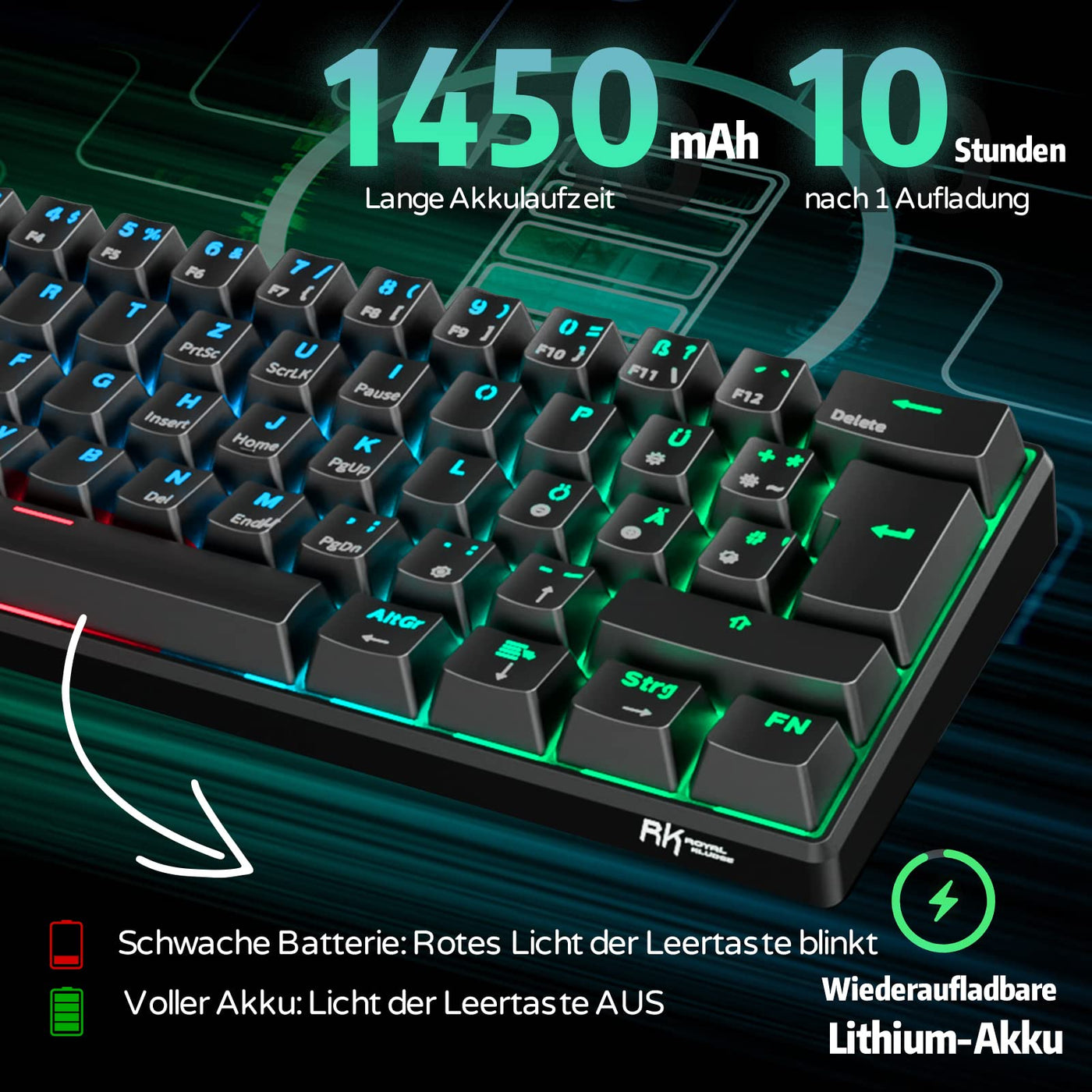 RK61 RGB Gaming-Tastatur, 2,4 GHz Wireless/Bluetooth/Wired 60% Mechanische Tastatur 61 Tasten, Hot-Swap-fähiger Brauner Schalter mit RGB-Beleuchtung Kompatibel für Win/Mac, Schwarz (QWERTZ)