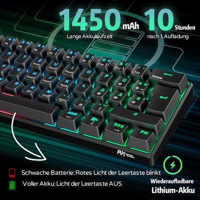 RK61 RGB Gaming-Tastatur, 2,4 GHz Wireless/Bluetooth/Wired 60% Mechanische Tastatur 61 Tasten, Hot-Swap-fähiger Brauner Schalter mit RGB-Beleuchtung Kompatibel für Win/Mac, Schwarz (QWERTZ)