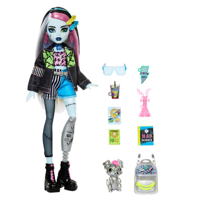 Monster High Frankie Stein-Puppe in Jeansjacke und Shorts, zum Lieferumfang gehören auch Ihr Hund Watzie und Zubehörteile wie EIN Rucksack, EIN Snack und EIN Notizbuch, HXH73