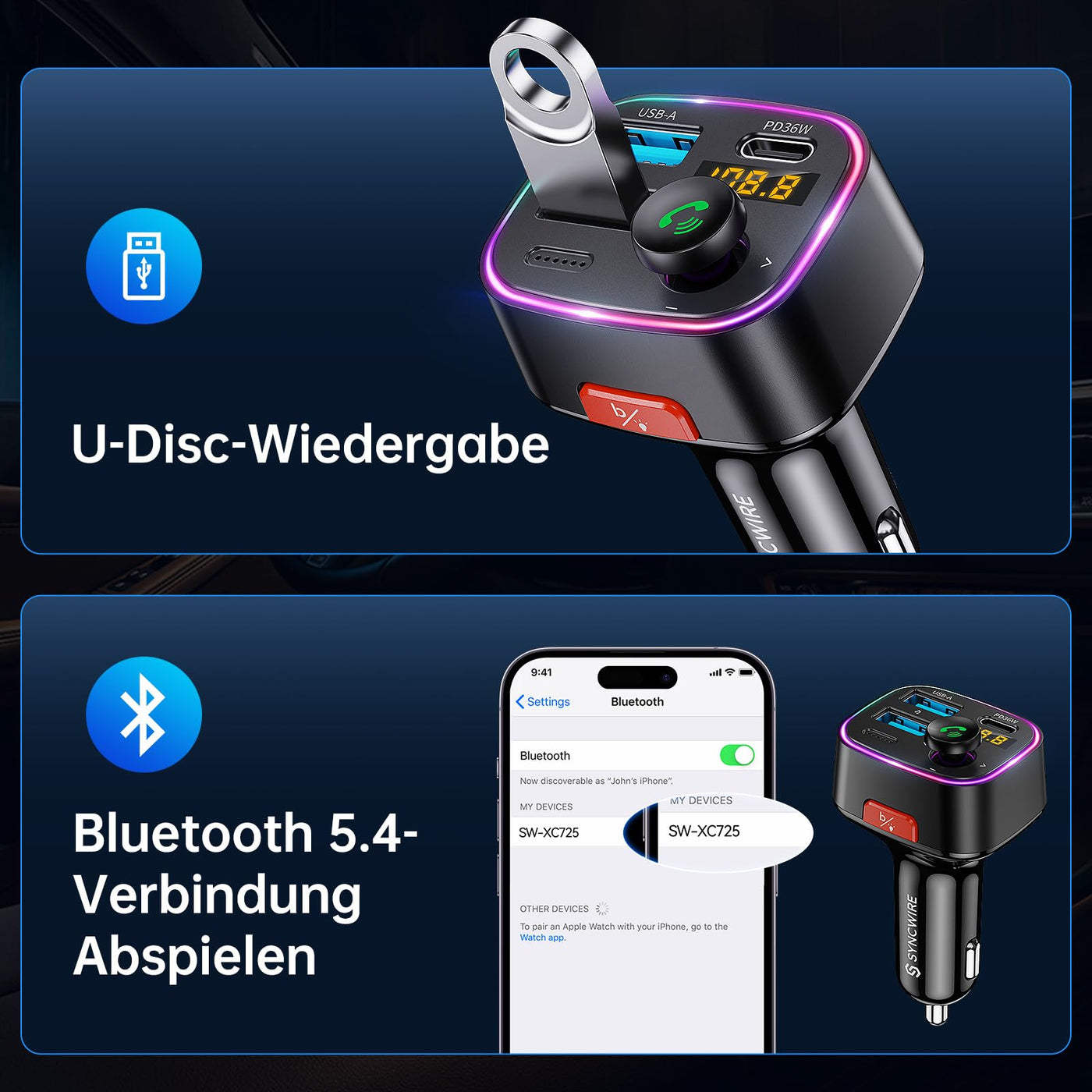 Syncwire FM Transmitter Auto Bluetooth 5.4 48W (PD 36W & 12W) Bluetooth Adapter Auto mit [Lichtschalter] [HiFi-Bass-Sound] [Schnellladen] Freisprecheinrichtung Autoladegerät Zigarettenanzünder
