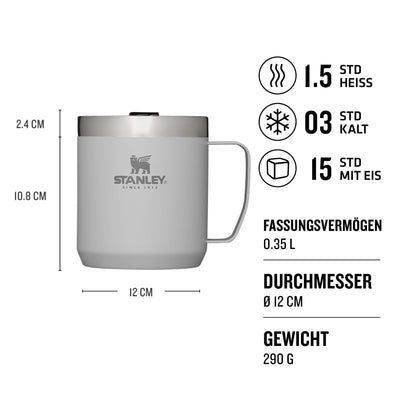 Stanley Classic Legendary Camp Mug Thermobecher 354 ml - Hält 1.5 Stunden Heiß - 3 Stunden Kalt - BPA-Frei - Spülmaschinenfest - Edelstahl Kaffeebecher To Go - Ash