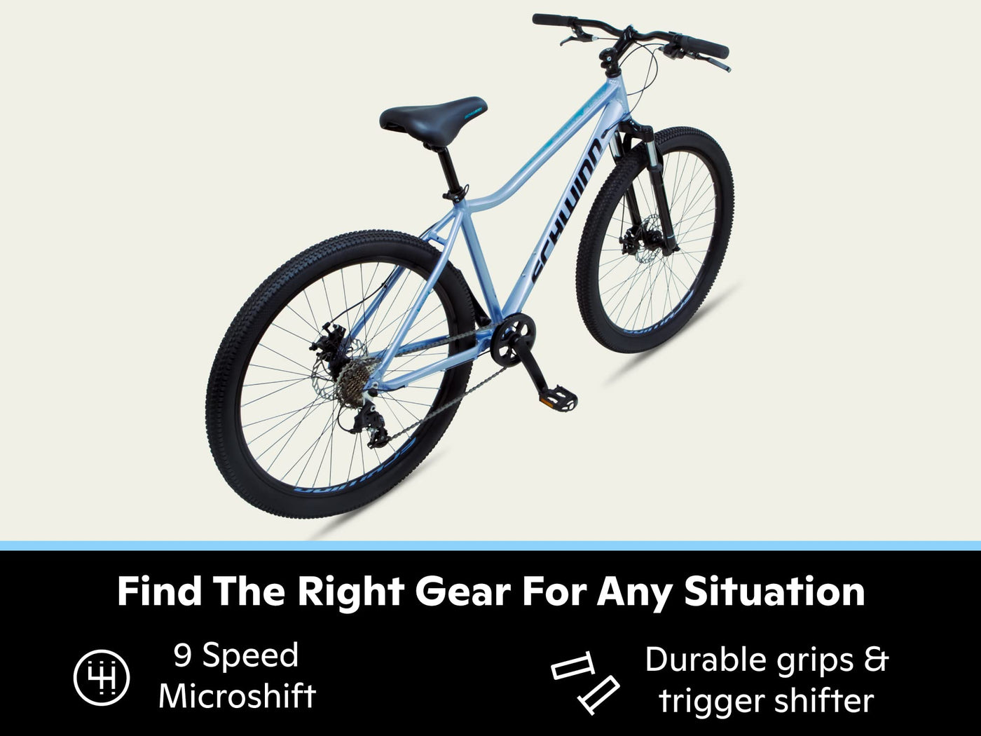 Schwinn Fleet Mountainbike für Damen, 27,5-Zoll-Reifen, 17-Zoll-Rahmen aus Leichtmetalllegierung, Gabelfederung, 9 Gänge, Scheibenbremsen, Hellblau