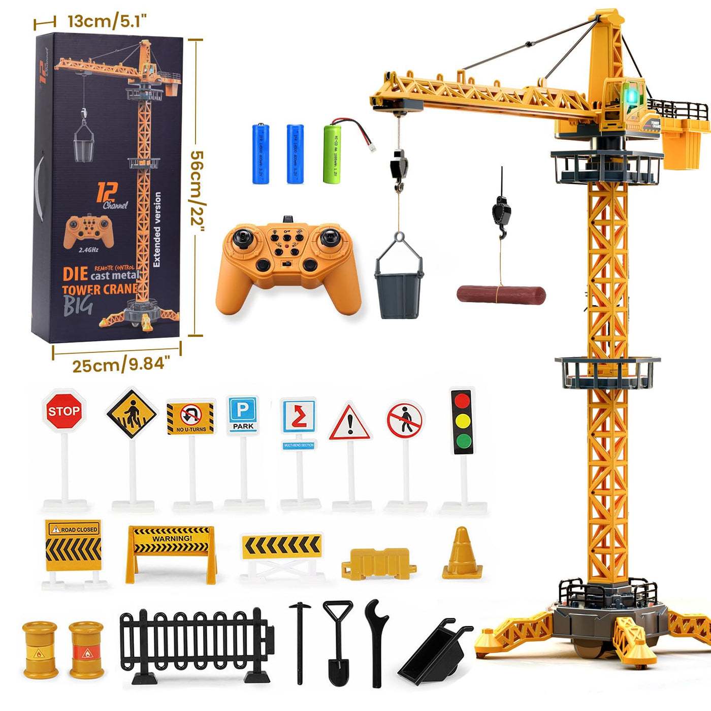 JONRRYIN Ferngesteuerte Turmkran, 12 Kanäle 2,4 Hz RC Turmdrehkran, 680 Grad Rotation Ferngesteuerte Tower Crane mit Lichter Geräusche und Verkehrsschilder Set für Kinder