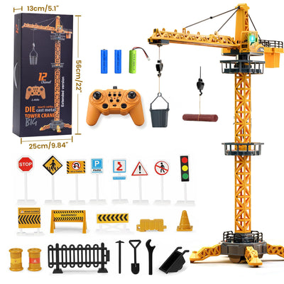 JONRRYIN Ferngesteuerte Turmkran, 12 Kanäle 2,4 Hz RC Turmdrehkran, 680 Grad Rotation Ferngesteuerte Tower Crane mit Lichter Geräusche und Verkehrsschilder Set für Kinder
