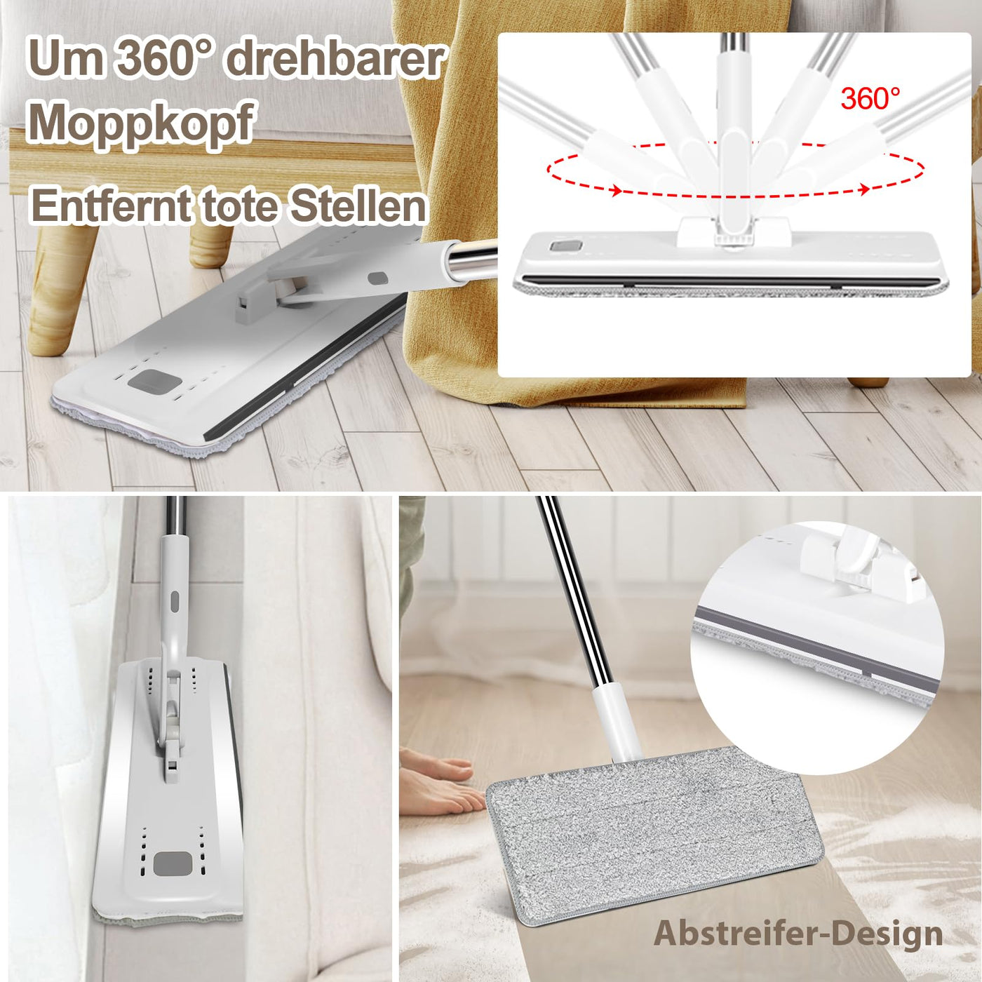 MASTERTOP Wischmopp Set mit Eimer, Flachmopp Bodenwischer mit 10 Mopp Pads und Langem Griff, 2 in 1 Putzeimer mit Wischmop, Mikrofaser Wischmopp mit Auswringfunktion für All Boden-Weiß