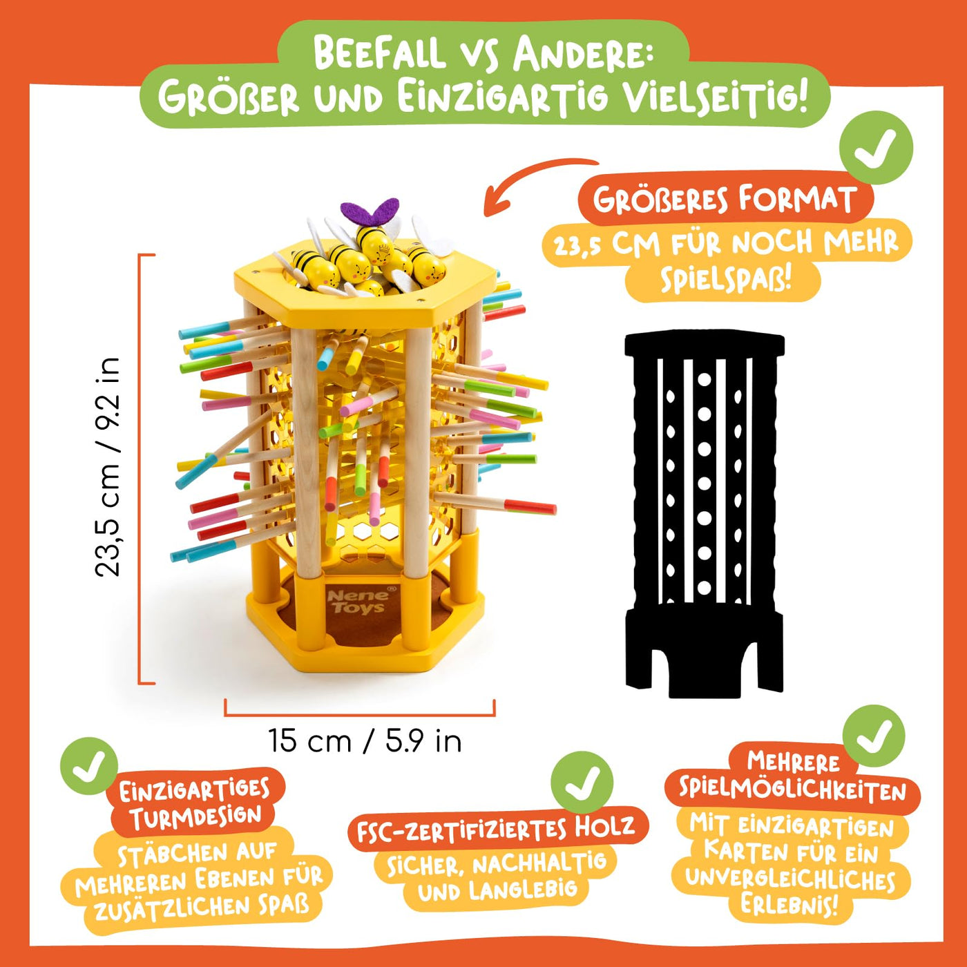 Nene Toys BEEFALL Groß, 4-in-1 Lernspiel mit Bienen, Montessori Spielzeug ab 3 Jahren mit bunten Stäben, Würfeln & Karten - Holzspiel für Jungen & Mädchen 3-9 Jahre - Pädagogisches Familienspiel