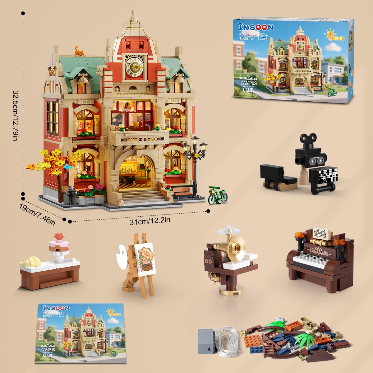 INSOON Universitäts Haus Bauspielzeug mit Licht, 1629 Stück Campus Architekturmodell mit Malerei Theater Back Musikclubs, Heimdekorations Klemmbausteine Geschenk für Erwachsene Jungen Mädchen ab 12+