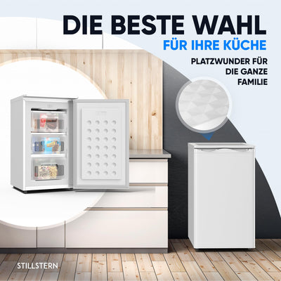 Stillstern Gefrierschrank C (73L) 4-Sterne-Gefrierfach -18°C, geringer Energieverbrauch, 3 Fächer, stufenlos regelbare Temperatur, wechselbarer Türanschlag, Gefrierschrank Klein, Tiefkühlschrank