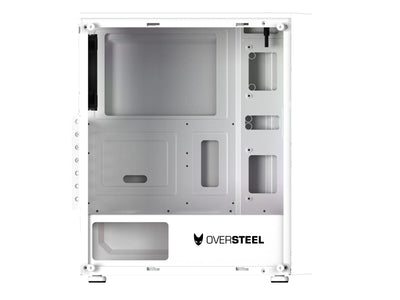 Oversteel - Iridium Gaming PC Gehäuse Kompatibel mit ATX, Micro ATX und ITX Boards, 120mm A-RGB Lüfter, Mesh Front, 2 Staubfilter, gehärtetes Seitenglas, USB 3.0, Weiß