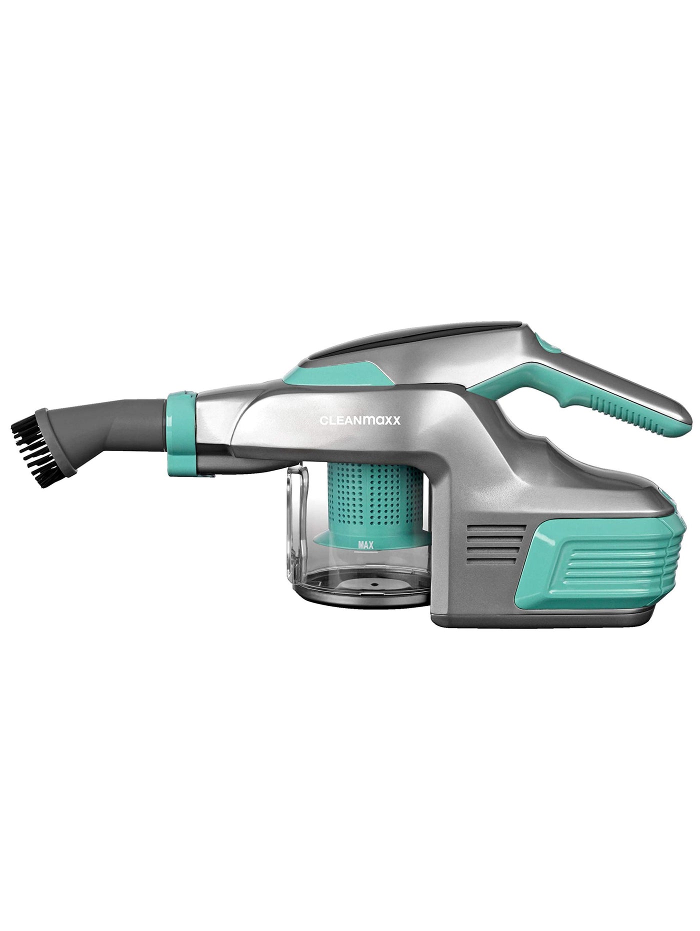 CLEANmaxx Akku-Zyklon-Staubsauger beutellos mit Akku | 2-in-1 Handstaubsauger, mit verschiedenen Düsen, Ideal für Tierhaare | Inkl. Wandhalterung mit integrierter Ladestation, 150 Watt [Türkis/Grau]