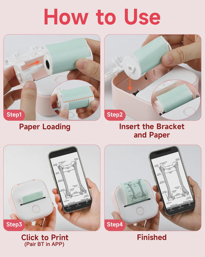 Memoking Mini Aufkleberdrucker - T02 Kleiner Thermodrucke, Tragbarer Kabelloser Notizdrucker mit 3 Rollen Papier für Kindertag, Geburtstag, Kompatibel mit iOS & Android (Rosa)