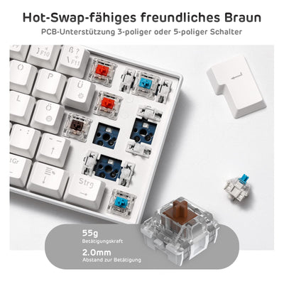 RK ROYAL KLUDGE RK61-DE 60% Bluetooth/kabelgebundene / 2,4 GHz kabellose mechanische Tastatur, 61 Tasten, Hot-Swap-fähige braune Schalter Gaming-Tastatur, kompatibel für Win/Mac, Weiß, QWERTZ