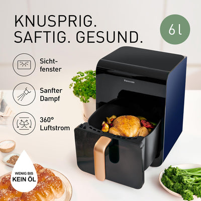 Panasonic NF-CC600AXE Air Fryer mit Sichtfenster, 6 l, 80–200 °C, digitaler Timer & LCD-Display, sanfte Dampfzugabe, 11 Voreinstellungen, einfache Reinigung, Schwarz mit Griff in Roségold