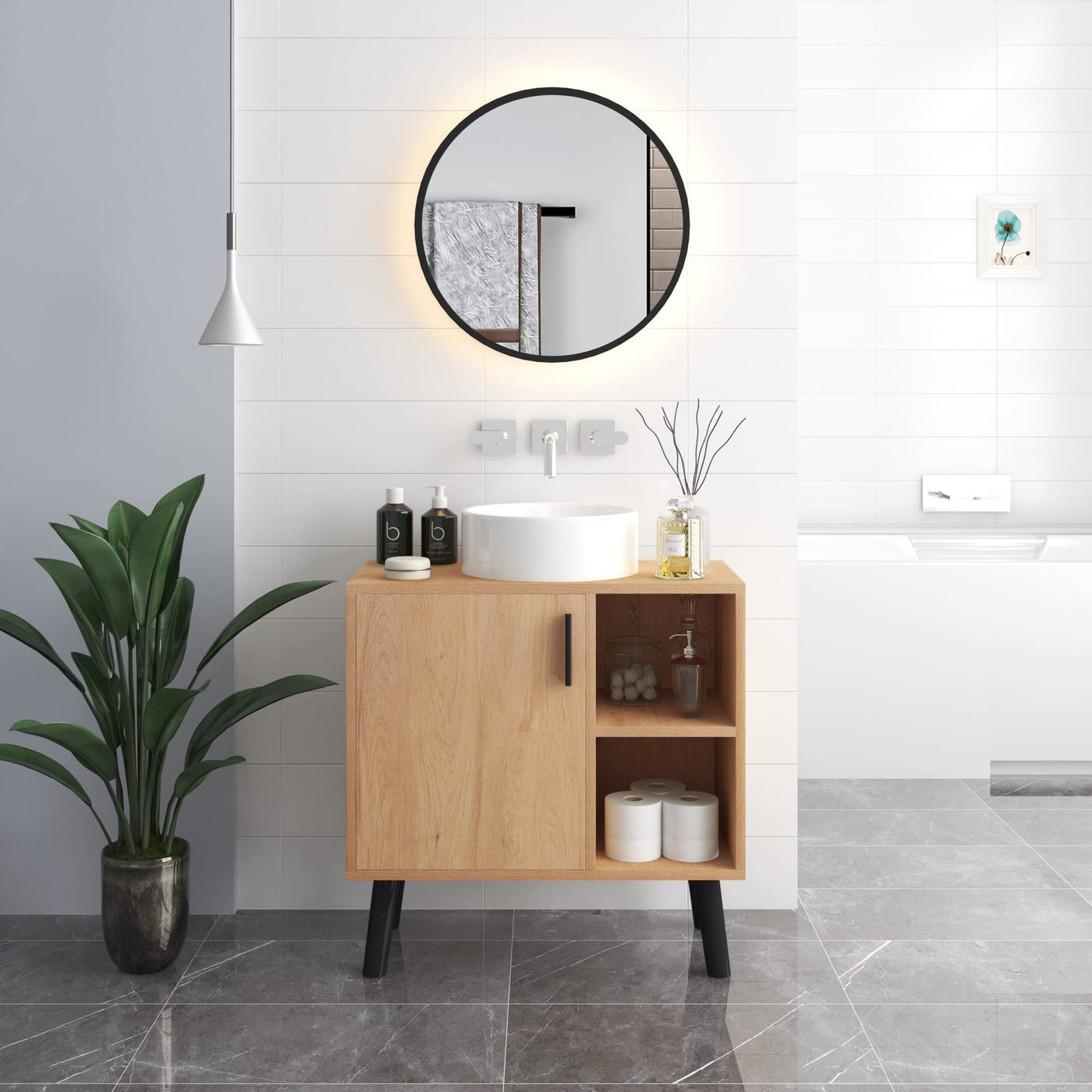 EUGAD Waschbeckenunterschrank mit Tür, Badezimmerschrank mit 2 offenen Ablagen, Schrank im Badezimmer, Unterschrank freistehend, Waschtischunterschrank