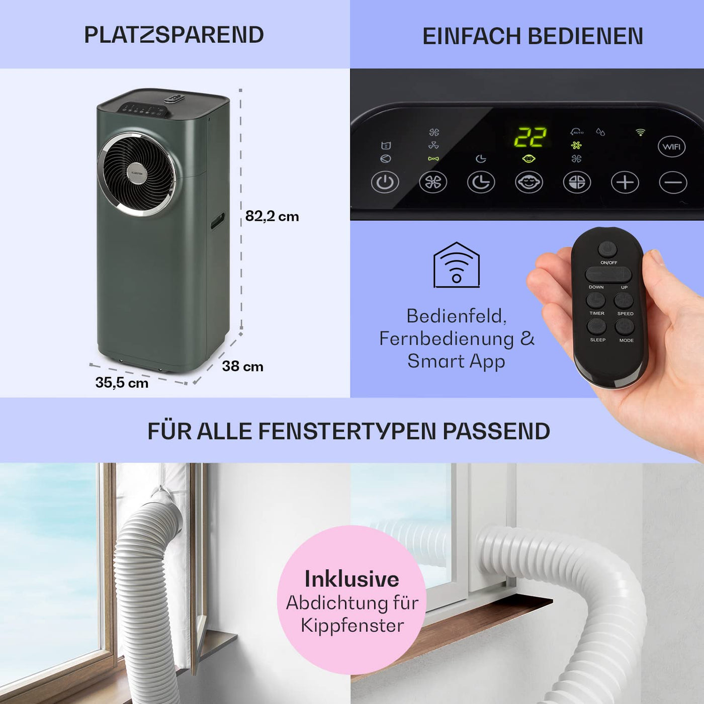 Klarstein Mobile Klimaanlage mit Abluftschlauch, 5-in-1 Klimagerät, Ventilator, Luftentfeuchter, Luftreiniger & Nachtmodus, App-Steuerung, Kleine & Portable für Wohnung & Büro, 10000 BTU