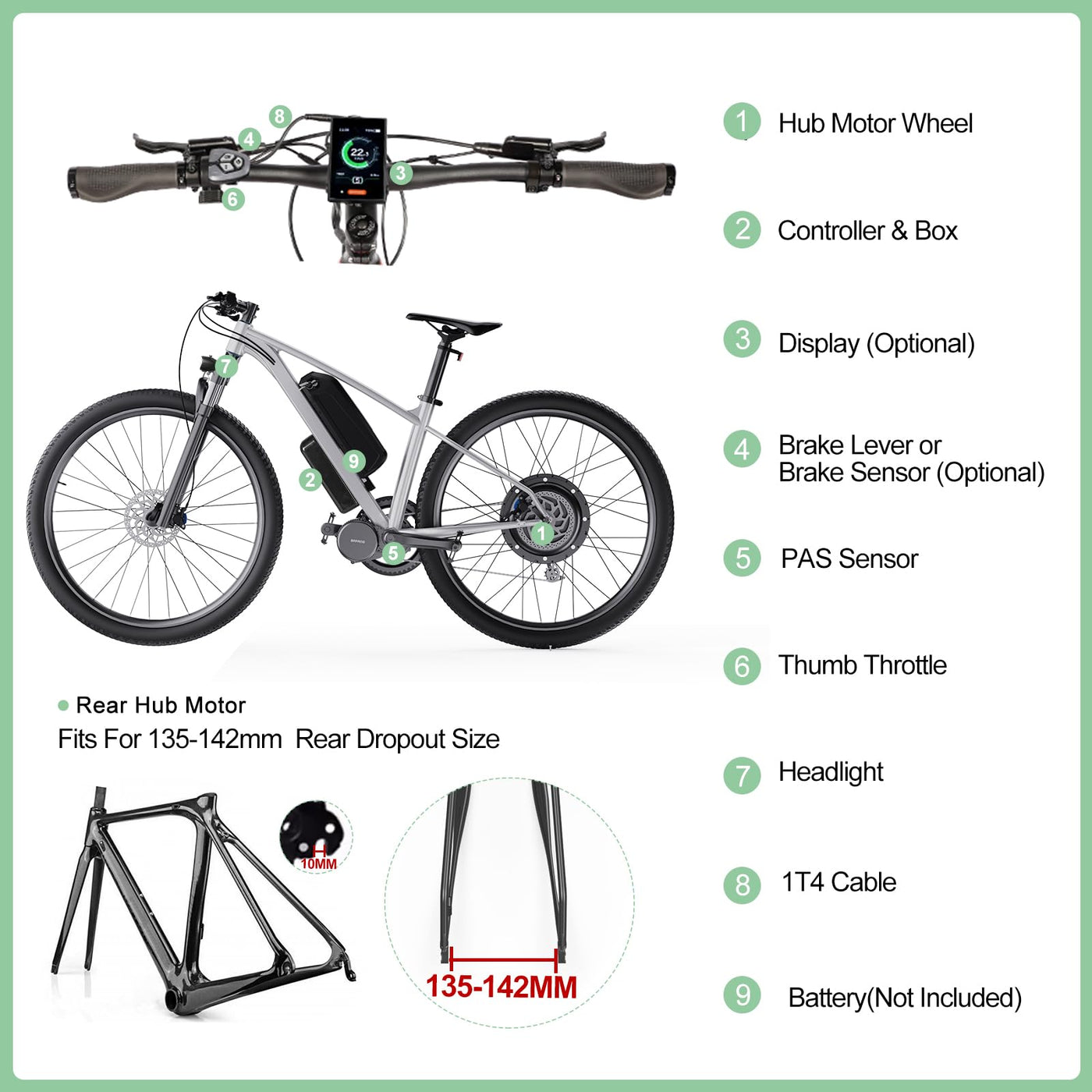 Varstrom E-Bike-Umrüstkit 48V 1000W Hinterrad-Brushless Nabenmotor Kits mit 500C LCD Display, Ebike Conversion Kit Hinterradmotor passend für 27,5 Zoll