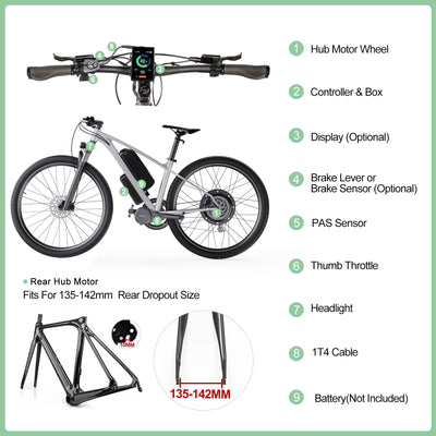 Varstrom 48V1000W E-Bike Umbausatz Hinterradmotor 27,5 Zoll mit EKD01 Mehrsprachig Display für Hinterrad Brushless Gearless Nabenmotor, Integrierte Controller, PAS Sensor