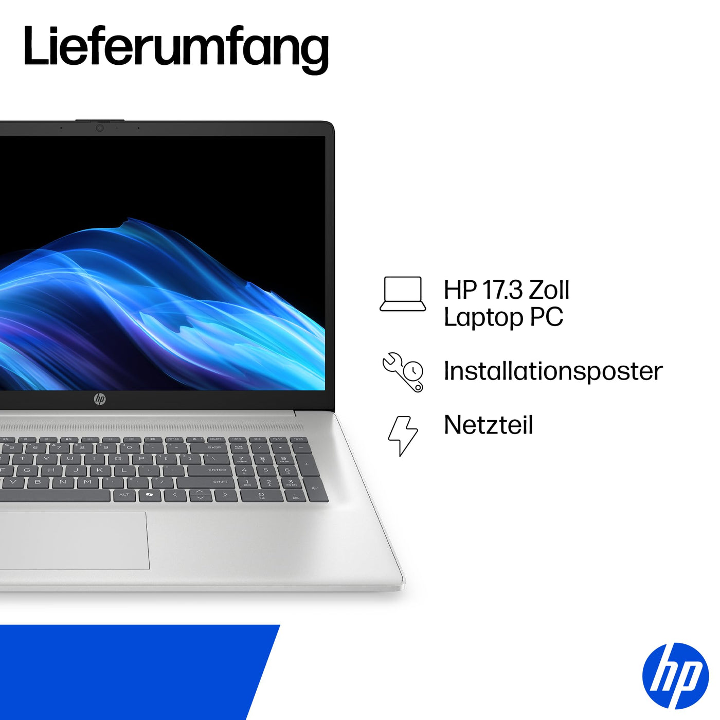 HP Laptop mit 17,3" FHD Display, Intel Core i5-1334U, 16 GB DDR4 RAM, 512 GB SSD, Intel Iris Grafik, Windows 11, QWERTZ, Silber inkl. 25 GB Dropbox-Speicher für 12 Monate