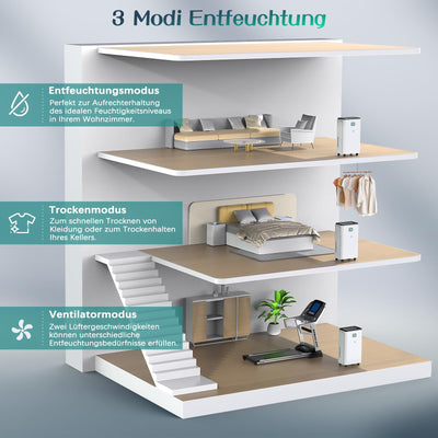 Luftentfeuchter 12L/Tag mit Digitaler Feuchtigkeitsanzeige, Automatische Entfeuchtung, 24H-Timer, Kontinuierliche Entwässerung, 2,5L Wassertank, Abflussschlauch, Ideal für Keller, Gegen Feuchtigkeit