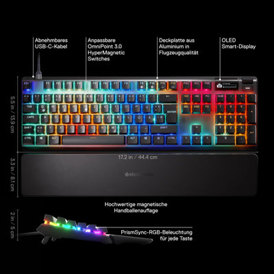 SteelSeries Apex Pro Gen 3 - HyperMagnetic Gaming-Tastatur - OmniPoint 3.0 Switches - anpassbares Ansprechverhalten - Rapid Trigger - Rapid Tap/SOCD - OLED - RGB - PBT-Keycaps - DE Layout QWERTZ