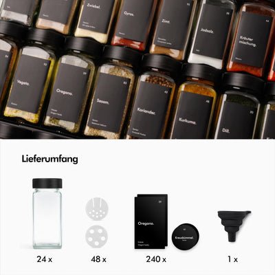 KIVY Gewürzgläser mit Streueinsatz [24x 120ml] + 240 Wasserfeste Label - Luftdichte Gewürzgläser Schwarz - Gewürzstreuer Glas Sticker - Gewürzgläser schwarzer Deckel - Gewürzdosen Schwarz