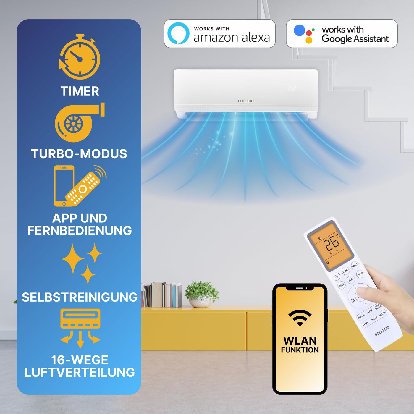 Sollero Split Klimaanlage 12000 BTU 3,5 kW, Selbstreinigung, leise, Smart Home, Inverter Klimaanlage mit Heizfunktion, R32 Kältemittel, Timer, bis 59 m²