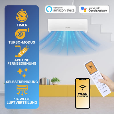 Sollero Split Klimaanlage 12000 BTU 3,5 kW, Selbstreinigung, leise, Smart Home, Inverter Klimaanlage mit Heizfunktion, R32 Kältemittel, Timer, bis 59 m²